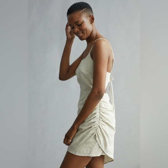 Anthropologie Flat White Ruched Mini Linen Dress - Size Small - Picture 3 of 13